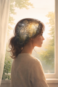 Silhouette of a calm woman looking outward while her mind appears busy inside, representing nervous system overwhelm beneath a calm exterior.